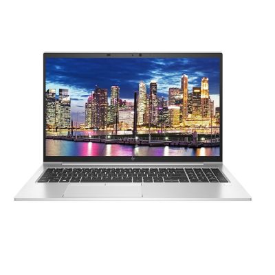 تصویر نمای جلویی لپ تاپ: لپ تاپ HP EliteBook 850 G8 با صفحه نمایش 15.6 اینچ FHD لمسی باز شده، بدنه نقره‌ای آلومینیومی براق در پس‌زمینه روشن.
