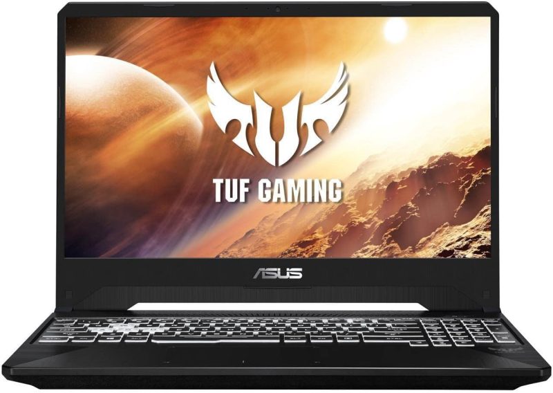 تصویر نمای روبروی لپ‌تاپ Asus TUF FX95G با نمایشگر 15.6 اینچی روشن و طراحی گیمینگ