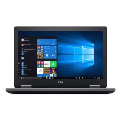 تصویر نمای نزدیک لپ‌تاپ DELL Precision 7730 در حال اجرای نرم‌افزار طراحی سه‌بعدی روی میز چوبی صنعتی