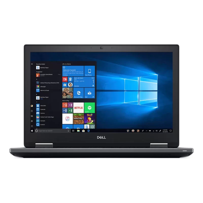 تصویر نمای نزدیک لپ‌تاپ DELL Precision 7730 در حال اجرای نرم‌افزار طراحی سه‌بعدی روی میز چوبی صنعتی