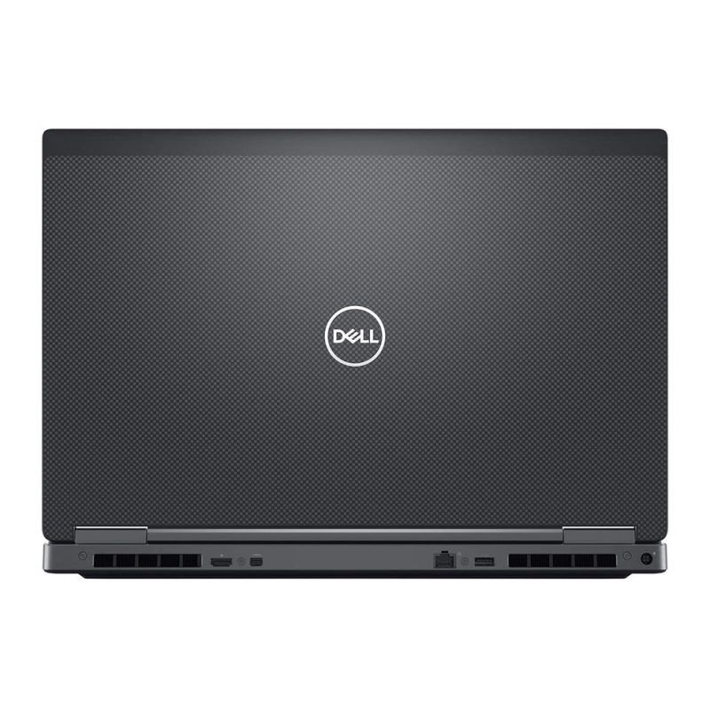 تصویر داینامیک از پشت لپ‌تاپ DELL 7730 با لوگوی براق Dell و دریچه‌های تهویه بزرگ مخصوص پردازش سنگین